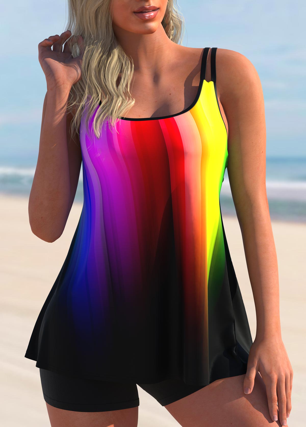 Spaghetti Strap Rainbow Color Ombre Tankini Set 