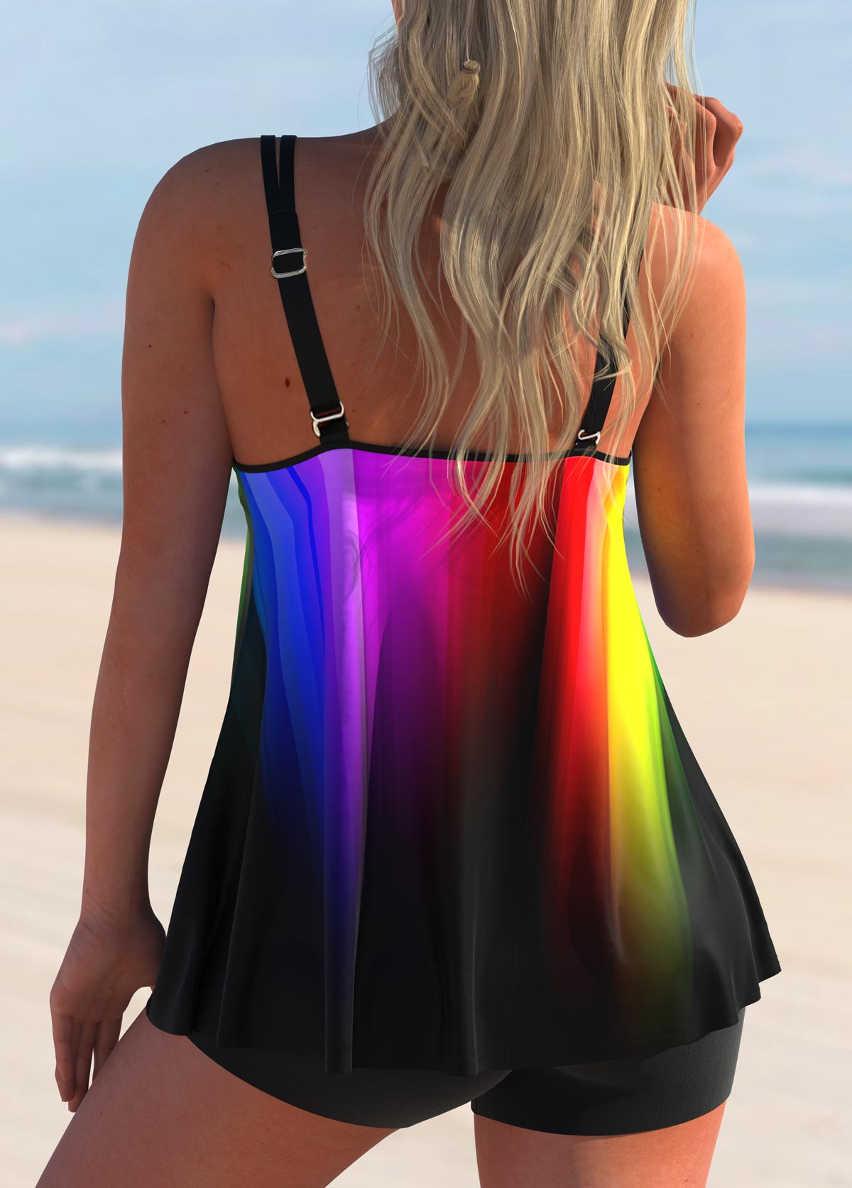 Spaghetti Strap Rainbow Color Ombre Tankini Set 