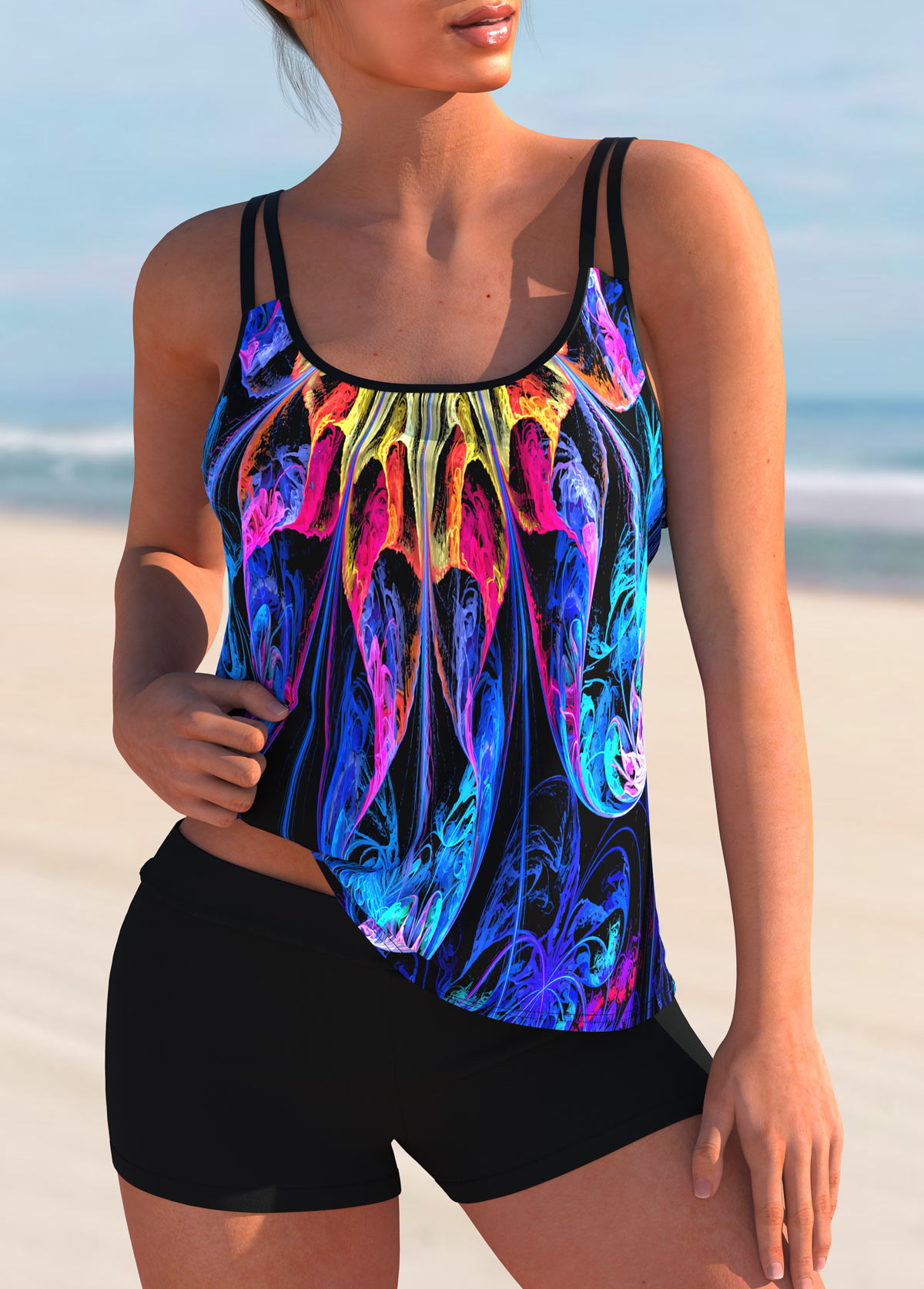 Spaghetti Strap Mid Waist Colorful Printed Tankini Set 