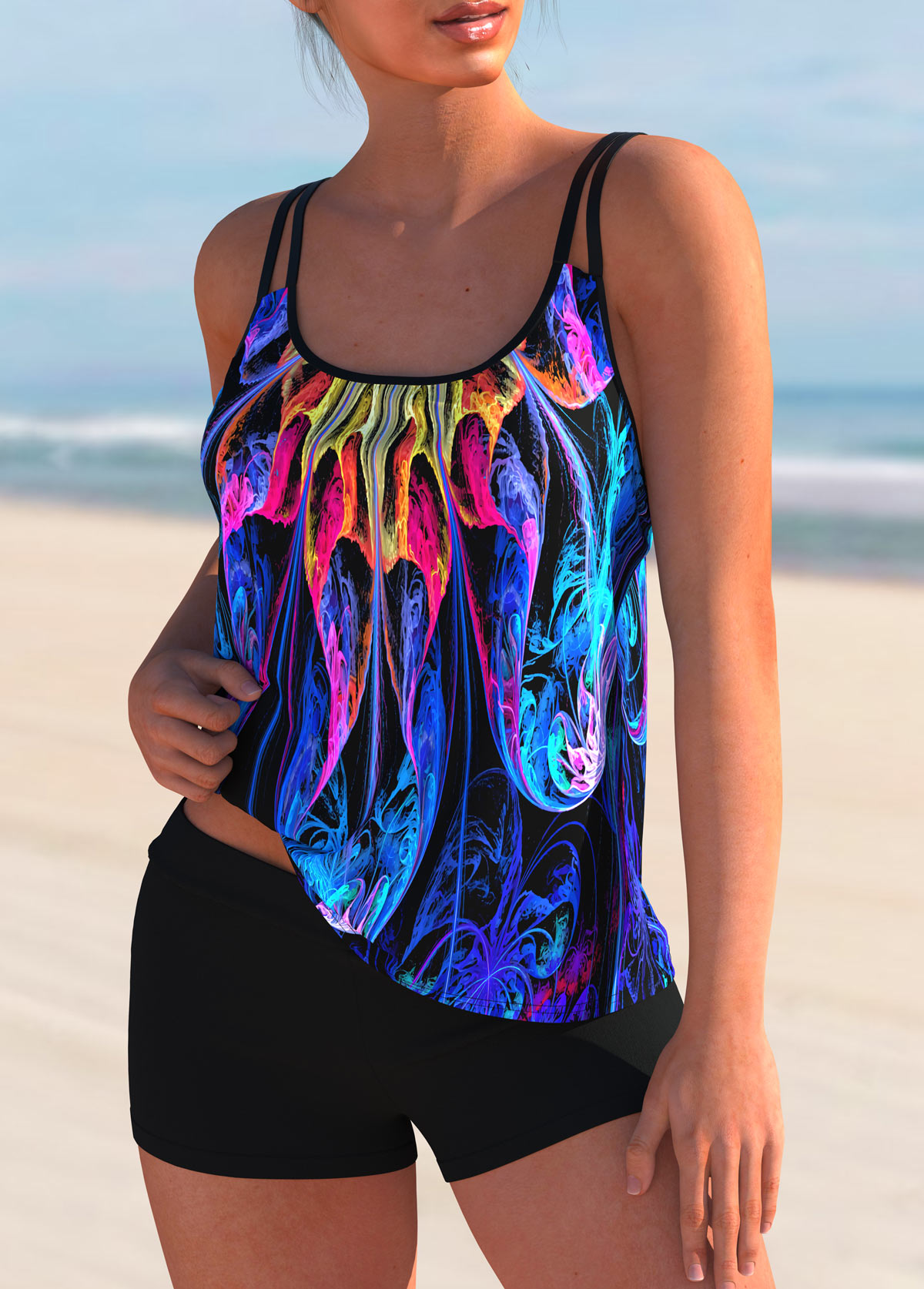 Spaghetti Strap Mid Waist Colorful Printed Tankini Set 