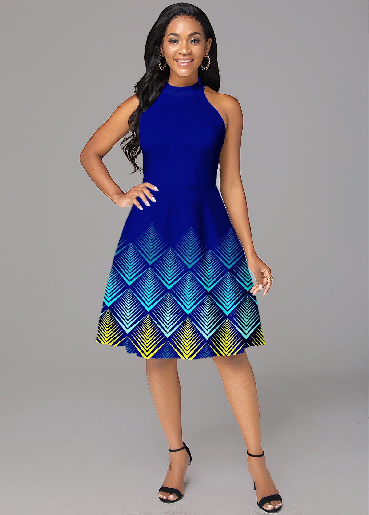 Geometric Print Bib Neck Sleeveless Dress