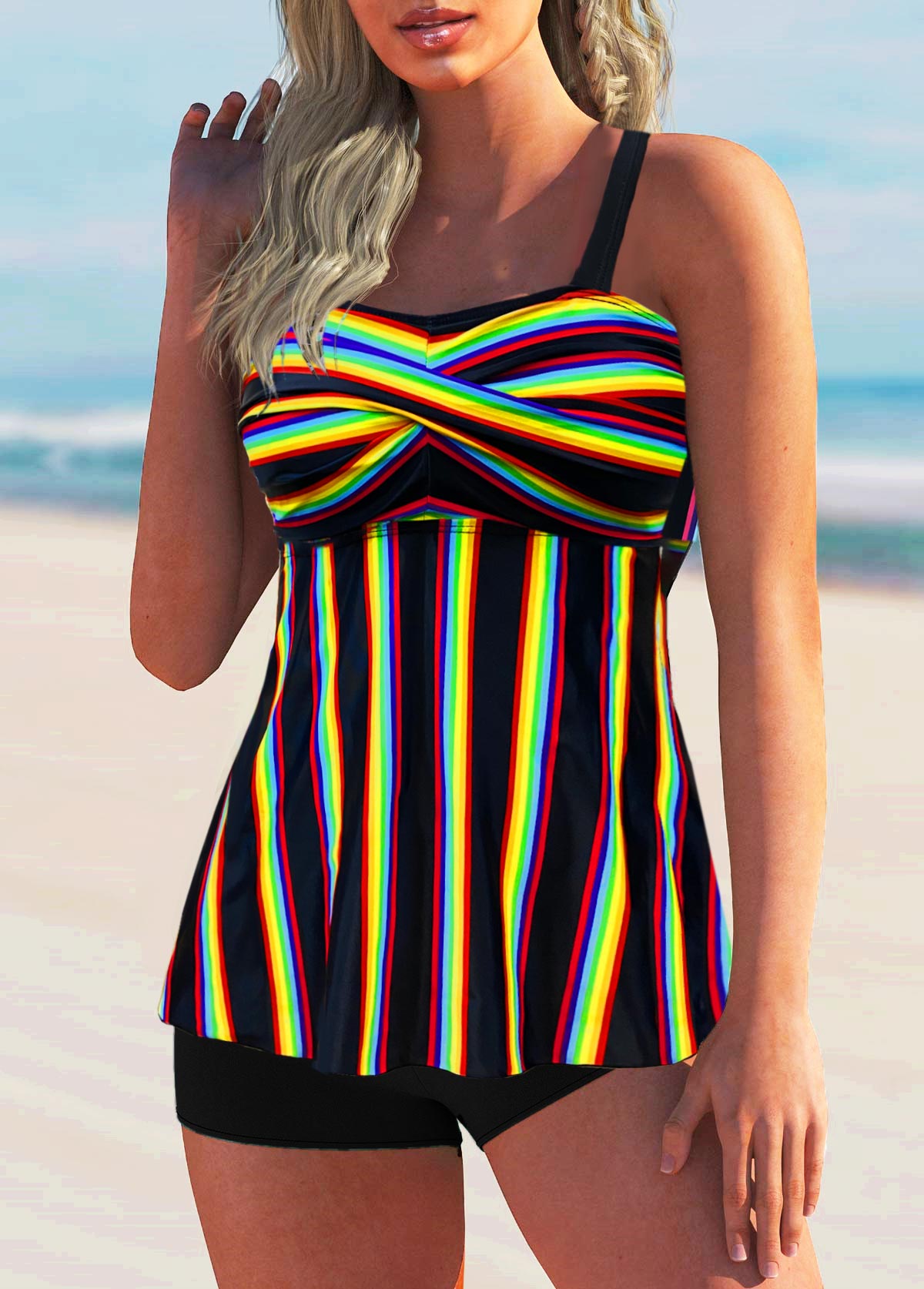 Cross Front Rainbow Stripe Spaghetti Strap Tankini Set 