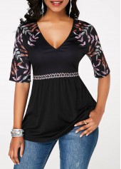 V Neck Printed Half Sleeve Black T Shirt