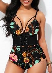 Lace Up Front Tie Back Floral Print One Piece Swimwear
