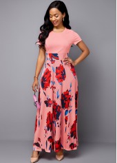 Short Sleeve Flower Print Pink Midi Dress