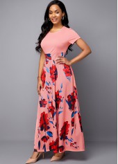 Short Sleeve Flower Print Pink Midi Dress