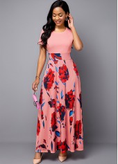 Short Sleeve Flower Print Pink Midi Dress