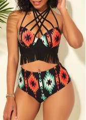 Tribal Print Tassel Cross Strap Bikini Set