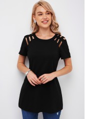 Short Sleeve Ladder Cutout Round Neck T Shirt