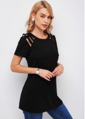 Short Sleeve Ladder Cutout Round Neck T Shirt