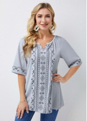 Half Sleeve Split Neck Geometric Print Blouse