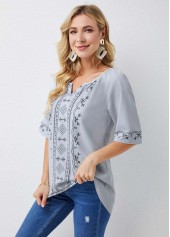 Half Sleeve Split Neck Geometric Print Blouse