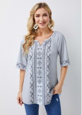 Half Sleeve Split Neck Geometric Print Blouse