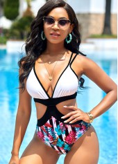 Contrast Floral Print Cross Strap One Piece Swimwear