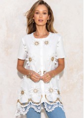 Short Sleeve Lace Stitching Round Neck T Shirt