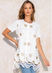 Short Sleeve Lace Stitching Round Neck T Shirt