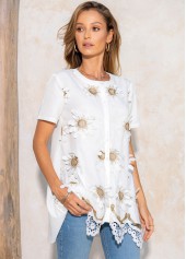 Short Sleeve Lace Stitching Round Neck T Shirt