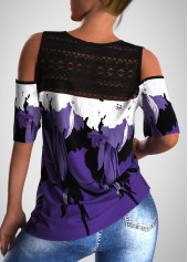 Lace Stitching Floral Print Cold Shoulder T Shirt