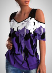 Lace Stitching Floral Print Cold Shoulder T Shirt
