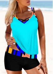 Contrast Striped Cross Strap Tankini Set