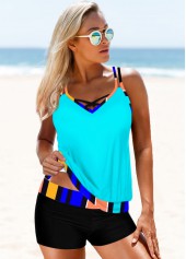 Contrast Striped Cross Strap Tankini Set