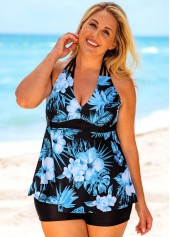 Plus Size Floral Print Halter Tankini Set 