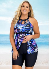 Plus Size Asymmetric Hem Leaf Print Tankini Set 
