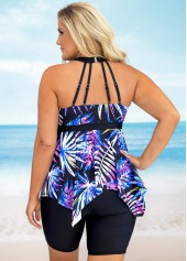 Plus Size Asymmetric Hem Leaf Print Tankini Set 