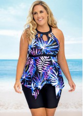Plus Size Asymmetric Hem Leaf Print Tankini Set 