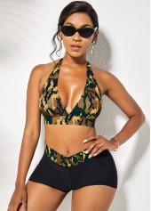 High Waist Camouflage Print Tie Back Halter Bikini Set  