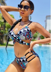 Cross Strap Tribal Print Mid Waist Bikini Set 