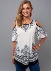 Asymmetric Hem Tribal Print Cold Shoulder T Shirt