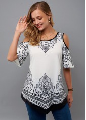 Asymmetric Hem Tribal Print Cold Shoulder T Shirt