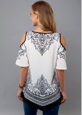 Asymmetric Hem Tribal Print Cold Shoulder T Shirt