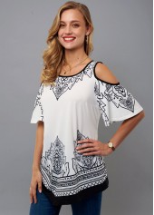 Asymmetric Hem Tribal Print Cold Shoulder T Shirt