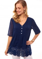 Crinkle Chest Lace Stitching Button Detail T Shirt