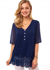 Crinkle Chest Lace Stitching Button Detail T Shirt