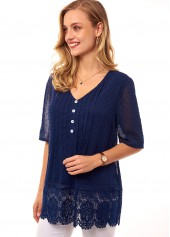 Crinkle Chest Lace Stitching Button Detail T Shirt