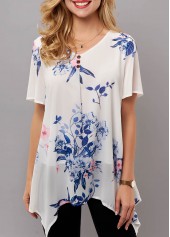Short Sleeve Asymmetric Hem Floral Print T Shirt