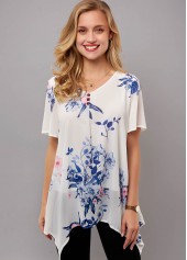 Short Sleeve Asymmetric Hem Floral Print T Shirt