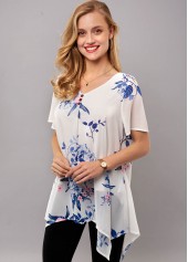 Short Sleeve Asymmetric Hem Floral Print T Shirt