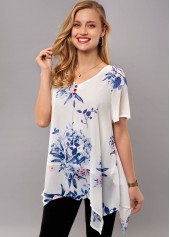 Short Sleeve Asymmetric Hem Floral Print T Shirt