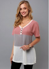 V Neck Decorative Button Contrast T Shirt