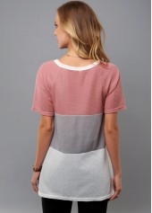 V Neck Decorative Button Contrast T Shirt