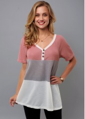V Neck Decorative Button Contrast T Shirt