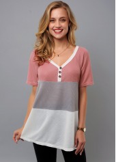 V Neck Decorative Button Contrast T Shirt
