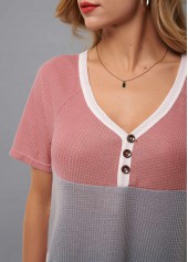 V Neck Decorative Button Contrast T Shirt
