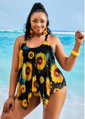 Sunflower Print Plus Size Asymmetric Hem Tankini Set