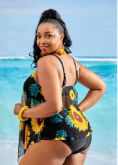 Sunflower Print Plus Size Asymmetric Hem Tankini Set