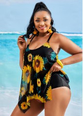 Sunflower Print Plus Size Asymmetric Hem Tankini Set